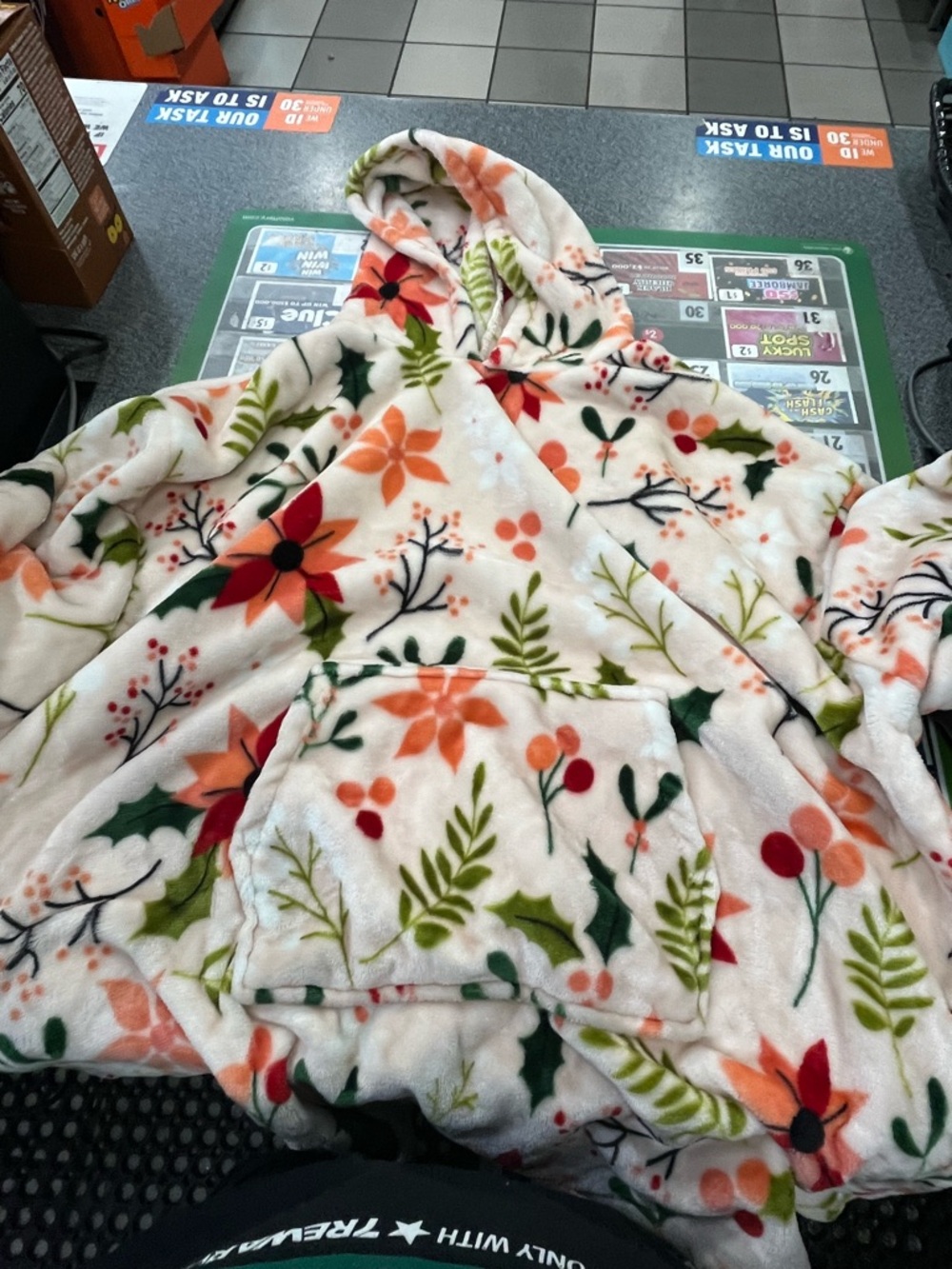 Cozy Floral Hooded Plush Pullover - Cream with Green & Orange Floral Print